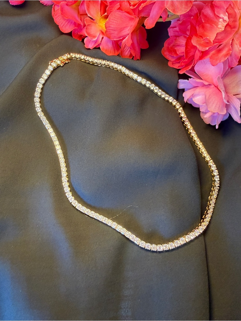 Classic Gold Tennis Necklace with Clear Crystals - Picture 10 of 11